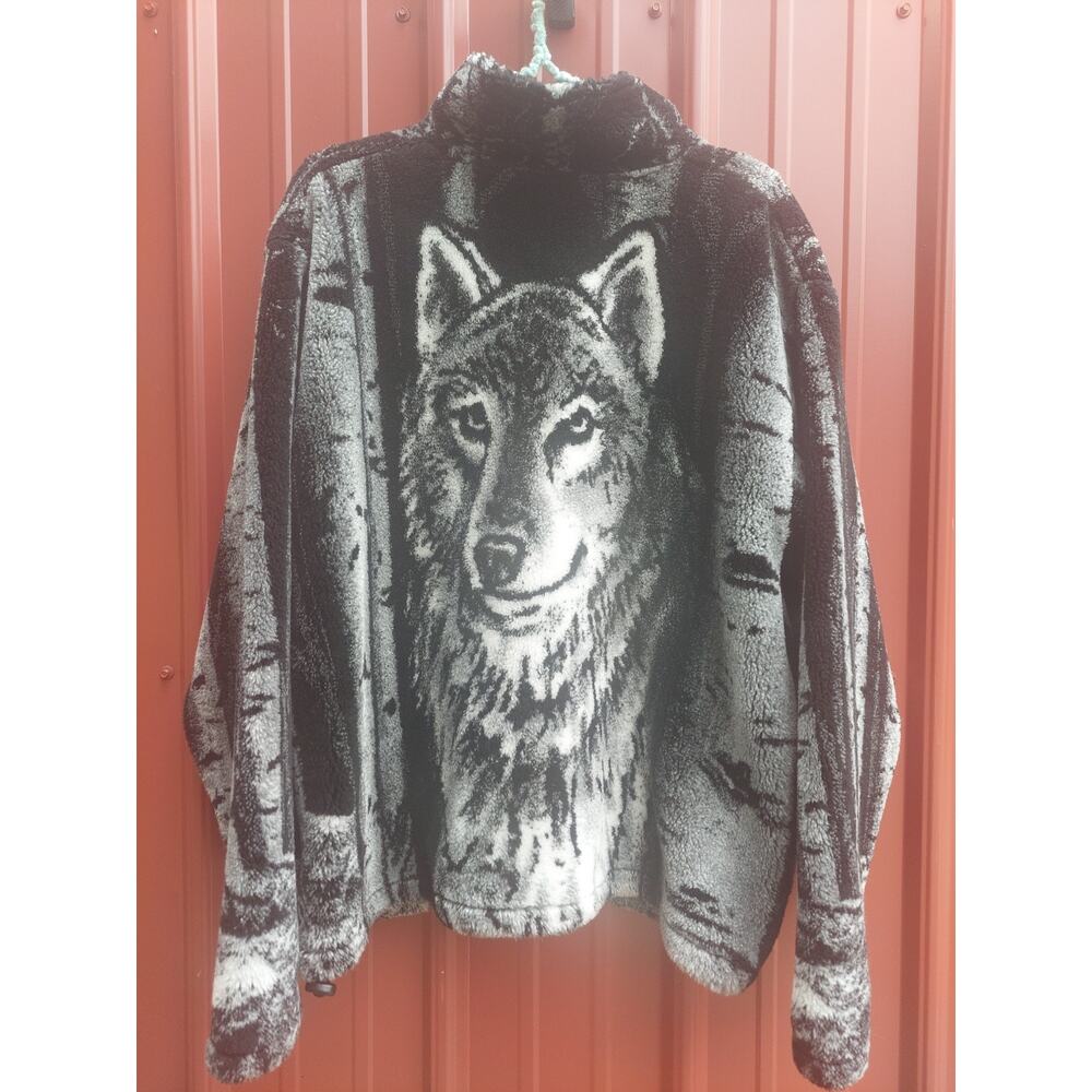 Black Mountain Wolf Fleece Jacket Black White vtg 90s Nature AOP Wolves USA L - Picture 7 of 7